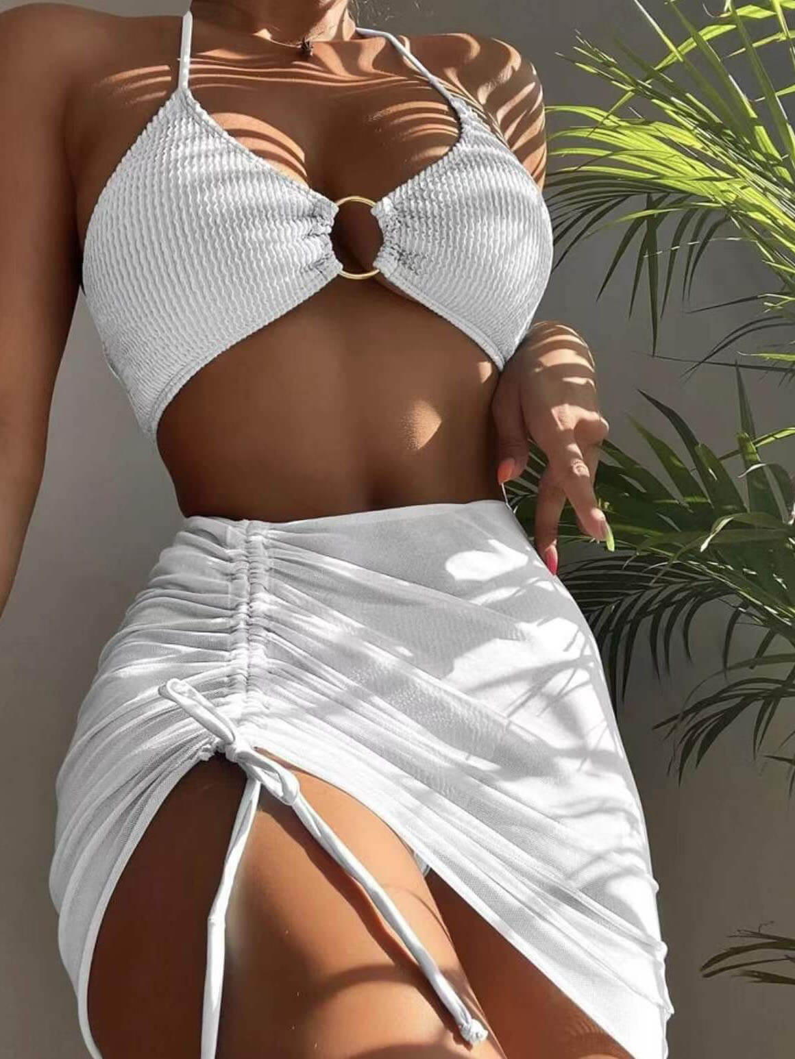 Solid Color Halterneck Three-Piece Swimsuit Bikini