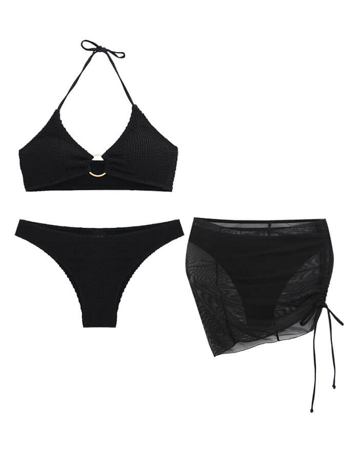 Solid Color Halterneck Three-Piece Swimsuit Bikini