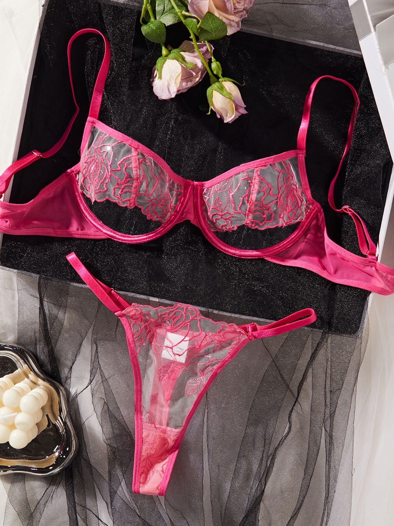 Embroidered Rose Pink Uncensored Lingerie