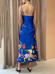 Summer Satin Backless Printed Sleeveless Midi Dress
