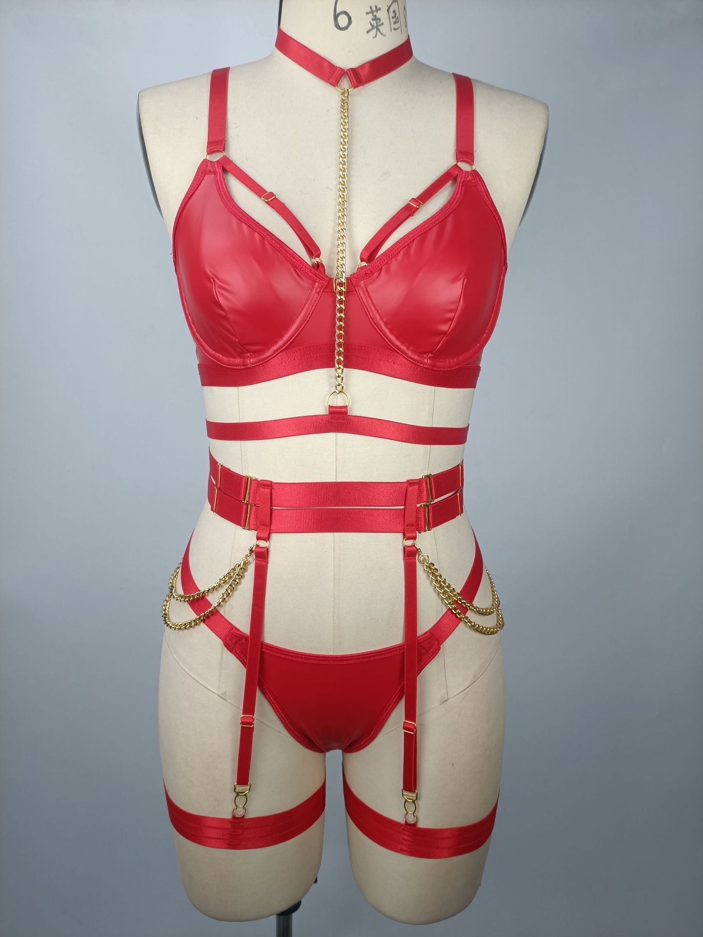 Naughty Black Leather Lingerie Set Sluzu Bra & Panty Red