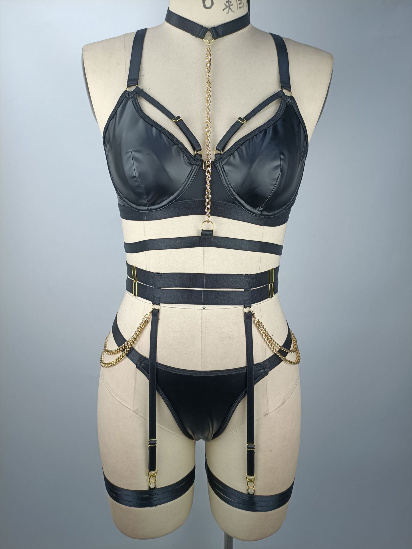 Naughty Black Leather Lingerie Set Sluzu Bra & Panty Red