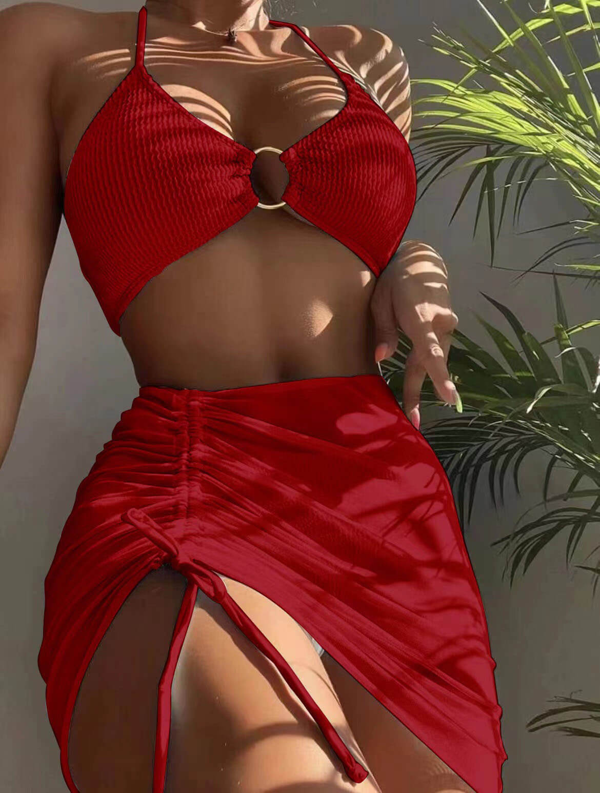 Solid Color Halterneck Three-Piece Swimsuit Bikini