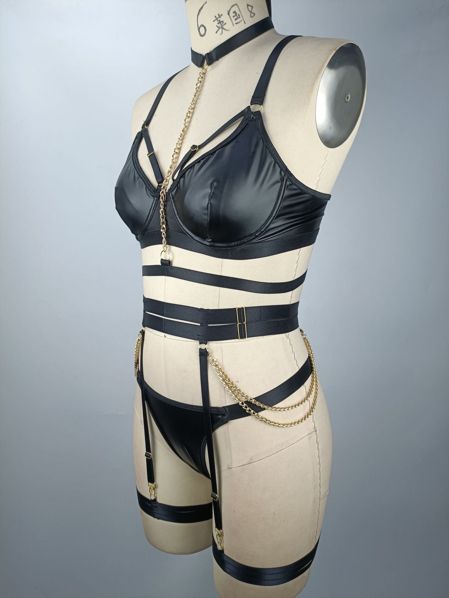 Naughty Black Leather Lingerie Set Sluzu Bra & Panty Red