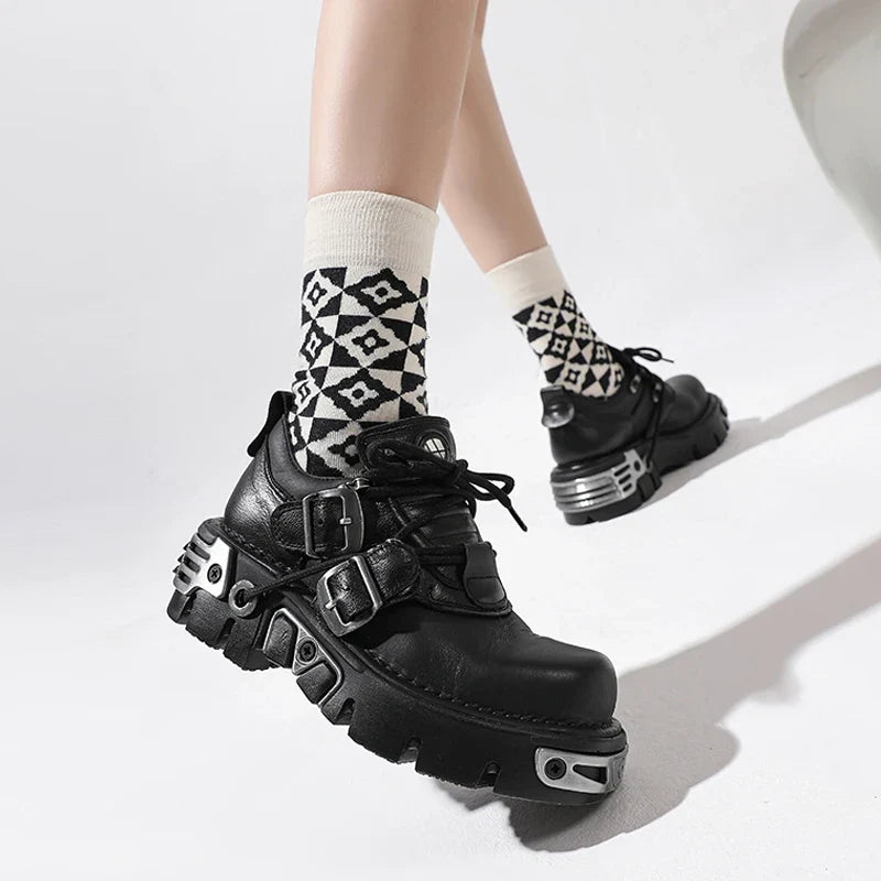 Platform Metal Punk Flats Cross Tied Buckle Single Shoes