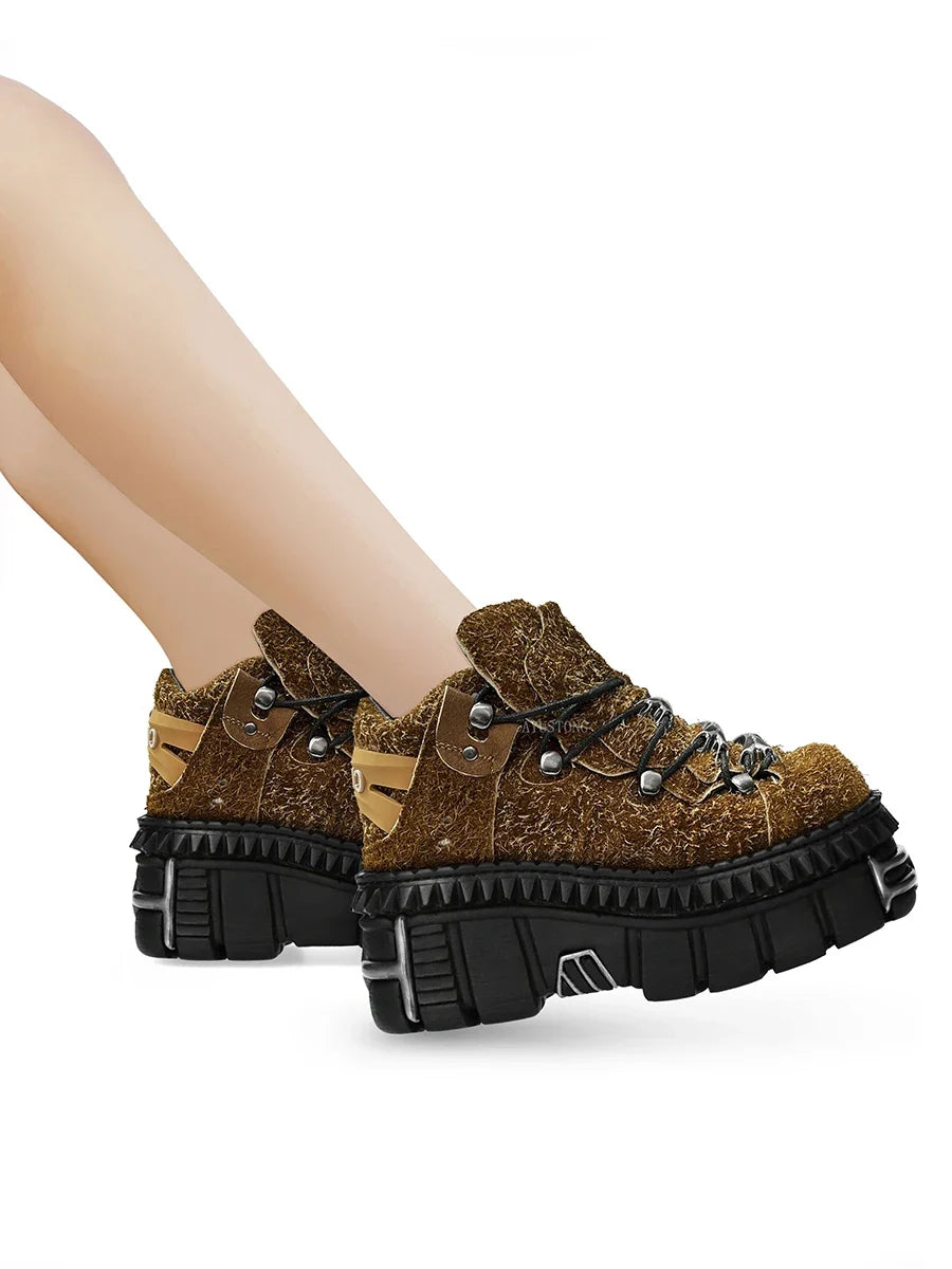 Punk rock metal decoration lace-up design platform Shoes