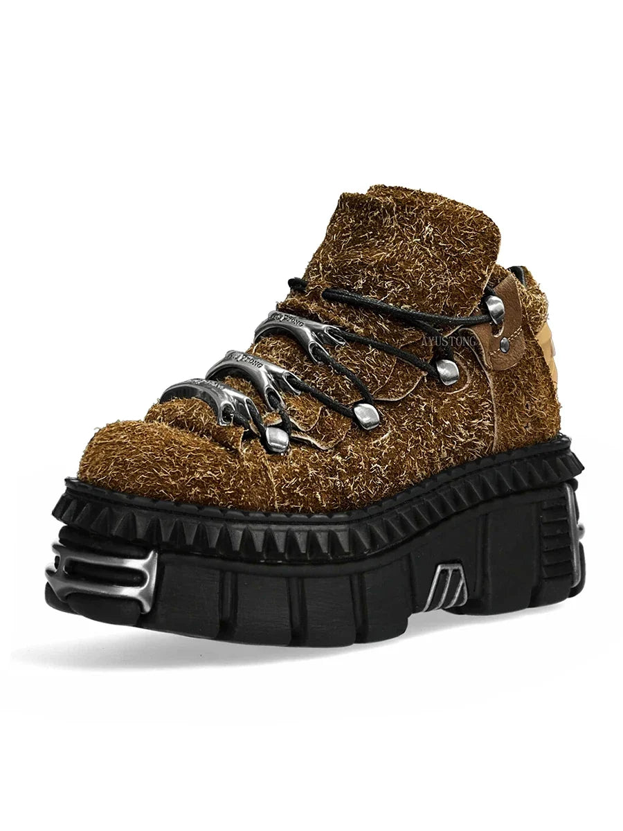 Punk rock metal decoration lace-up design platform Shoes
