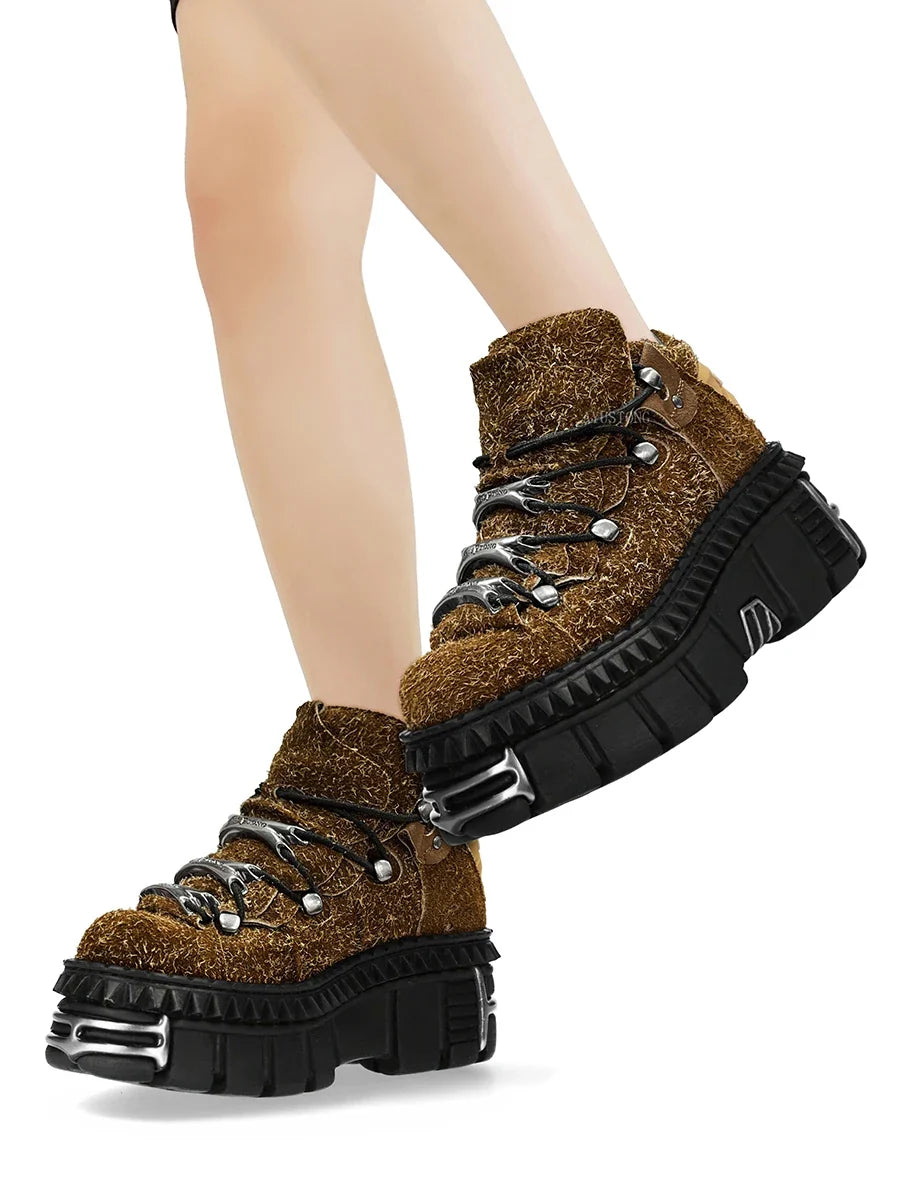 Punk rock metal decoration lace-up design platform Shoes
