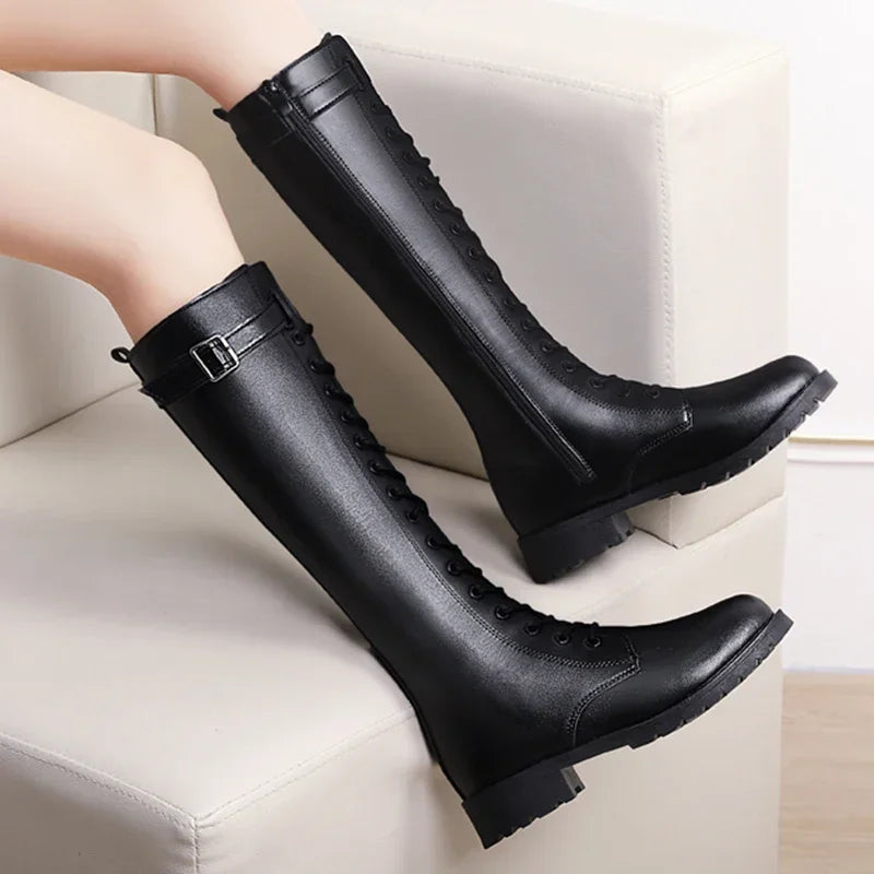 Retro Black Thick Bottom Long Boots