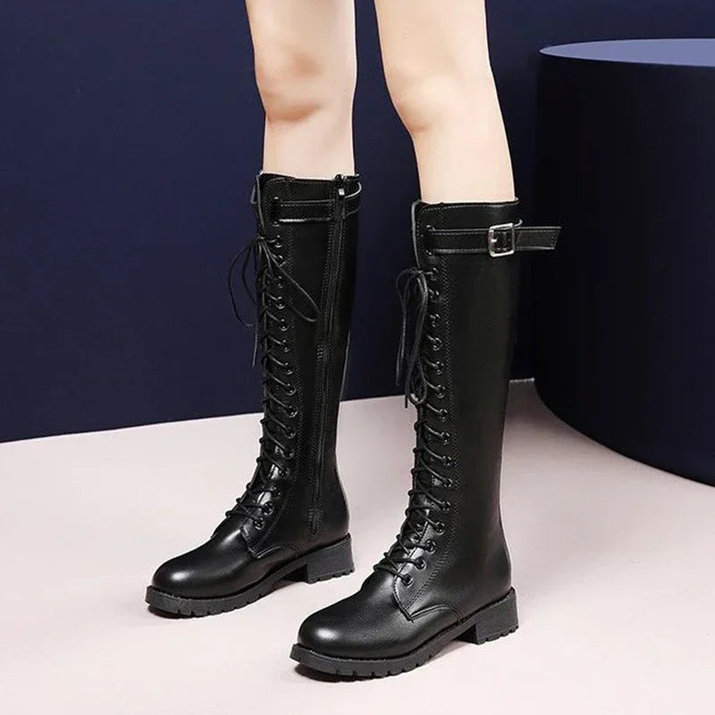 Retro Black Thick Bottom Long Boots