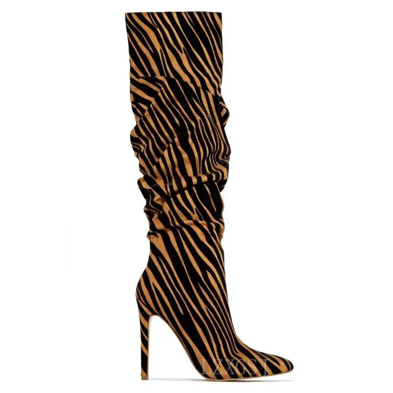 Ruched Tiger Stiletto Knee Boots