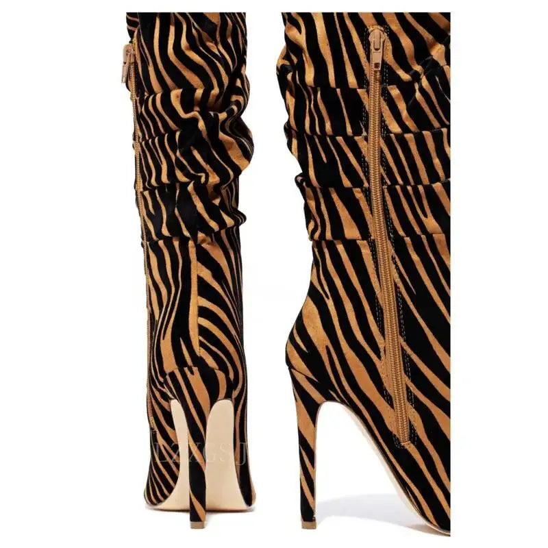 Ruched Tiger Stiletto Knee Boots