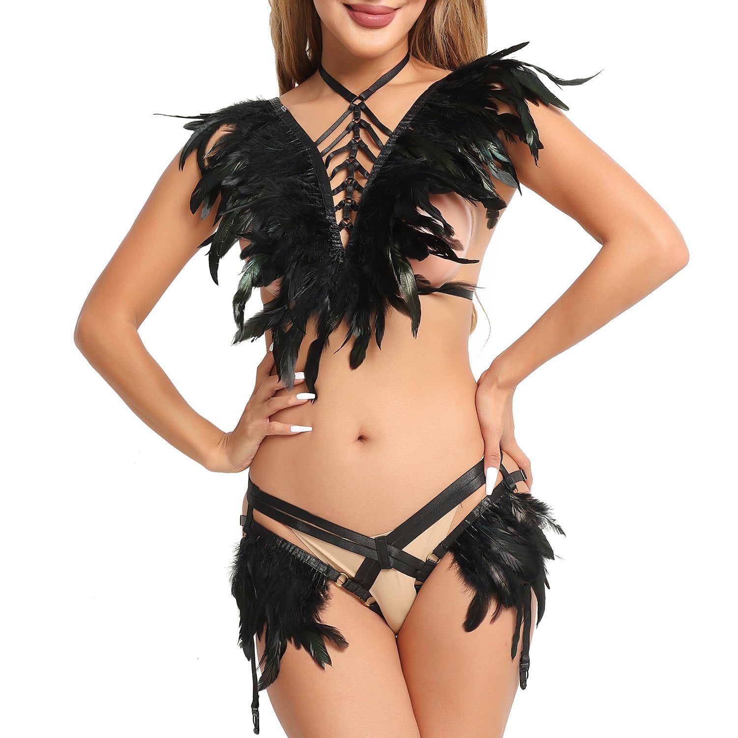 Sexiest Sexy Lingerie Bra Set Latina Body Harness Lingerie Feather Bra Panties