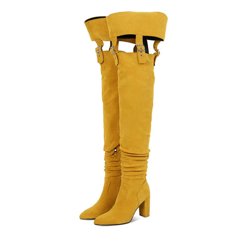 Sexy Belt Buckle Suede Over The Knee Boots