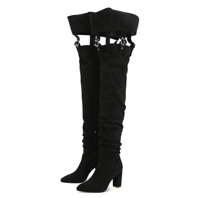 Sexy Belt Buckle Suede Over The Knee Boots