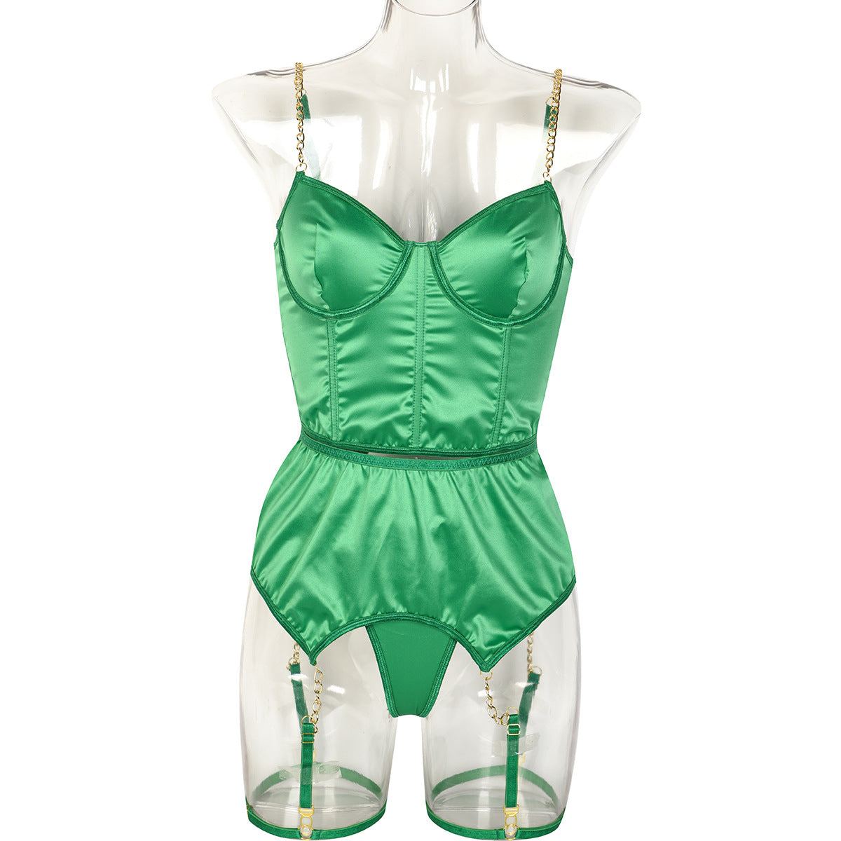 Sexy Corset Skirt Green Satin See Through Lingerie Strappy Bustier