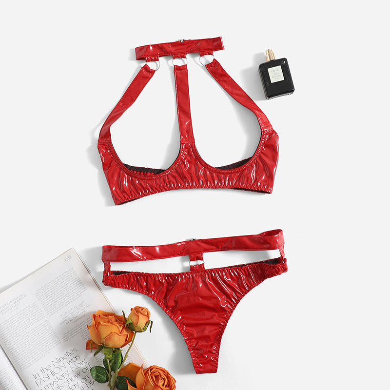 Sexy Leather Lingerie With Chokers Corset & Bustier Costume For Sex 2 Piece Red Bra And Panty Sets