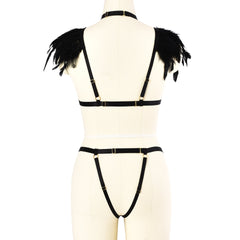 Sexy Sexy Crotchless Lingerie Set Black Strappy Harness Lingerie Feather Bra Panties