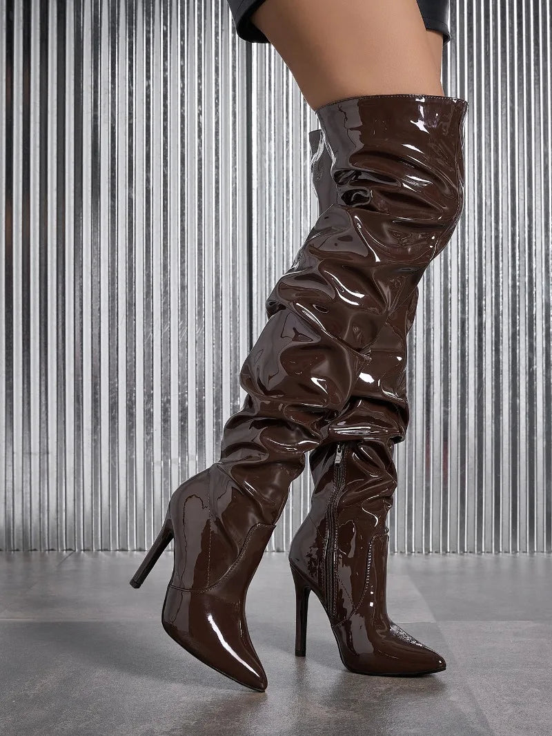 Sharp Pointed Patent Leather Women's Boots