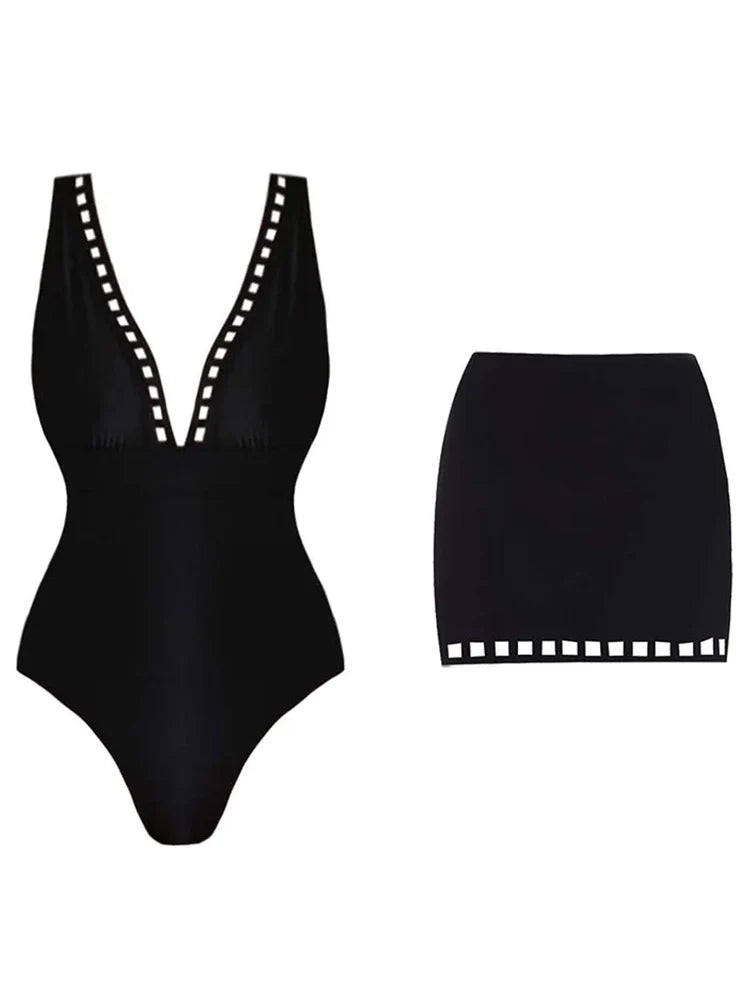 Cutout Swimsuit with Mini Skirt Set