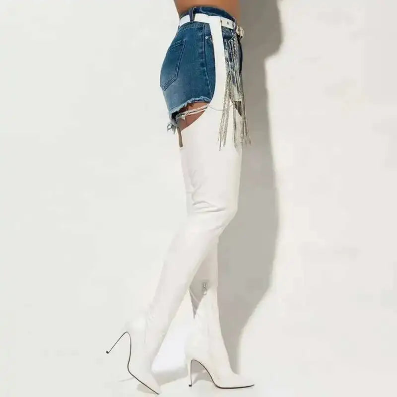White Sexy Stiletto Heel Belt Buckle Over The Knee Boots