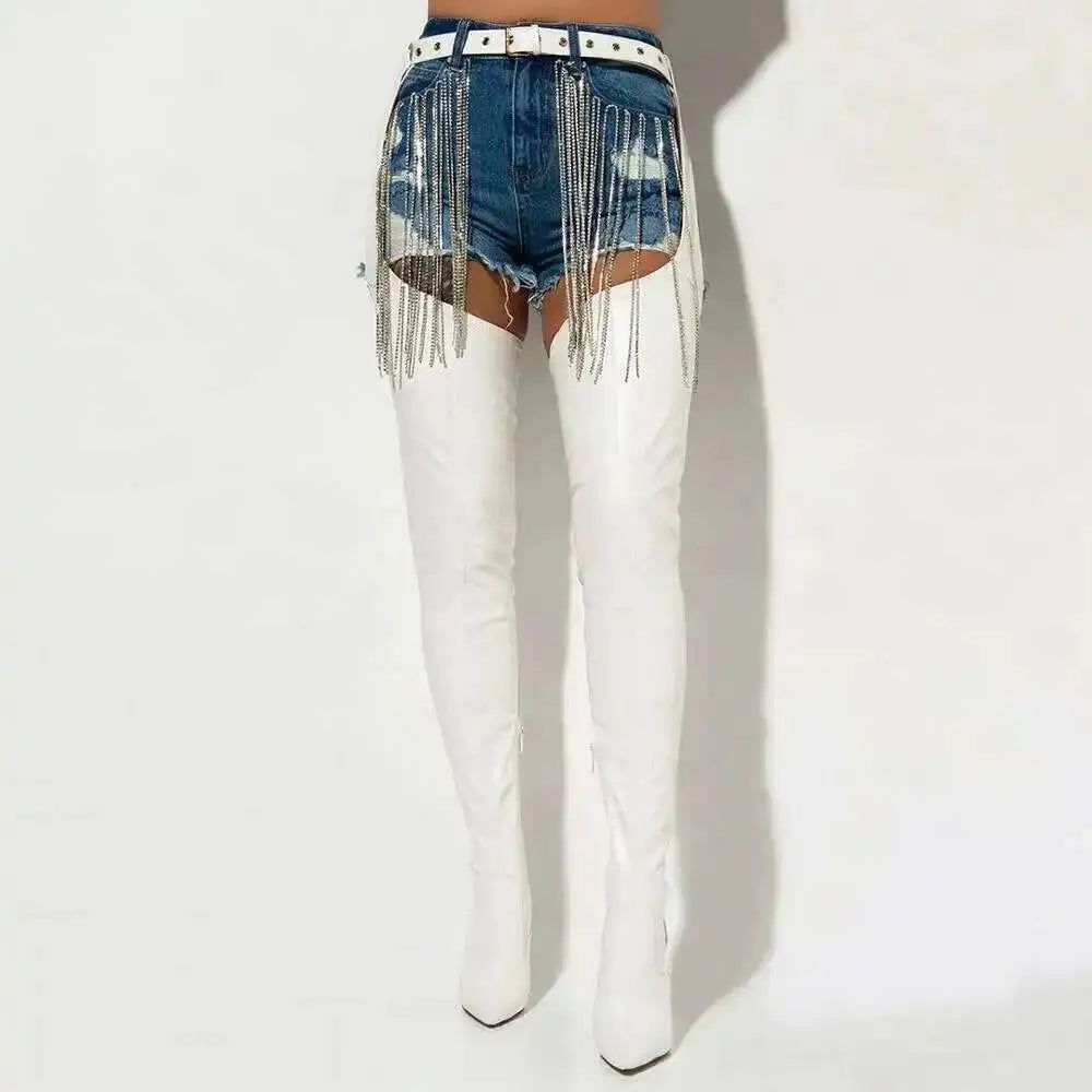 White Sexy Stiletto Heel Belt Buckle Over The Knee Boots
