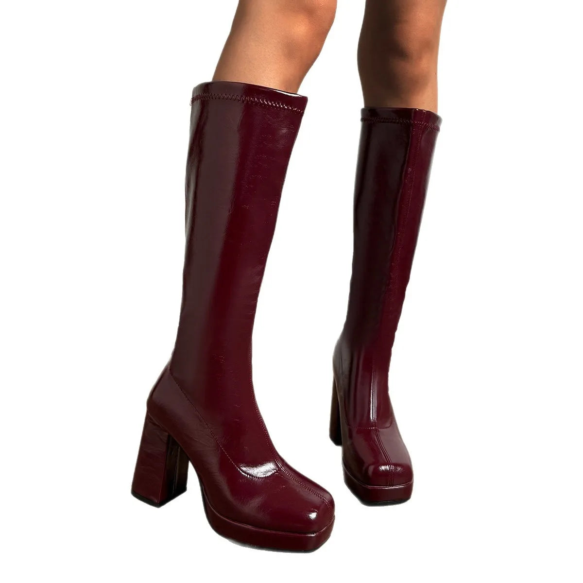 Wine Red Knee High Boots