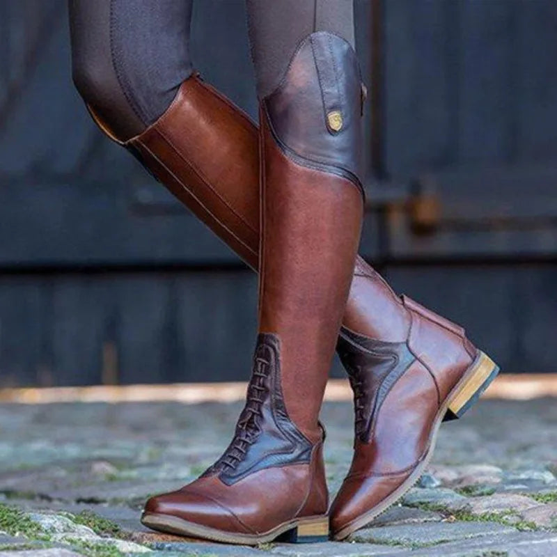 Women Pu Leather Riding Boot Low Heel Knee High Boots