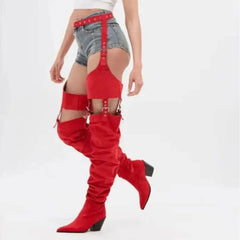 Women Red Faux Suede Removable Strap Pointed Toe Wedge Heel Nightclub Shoes