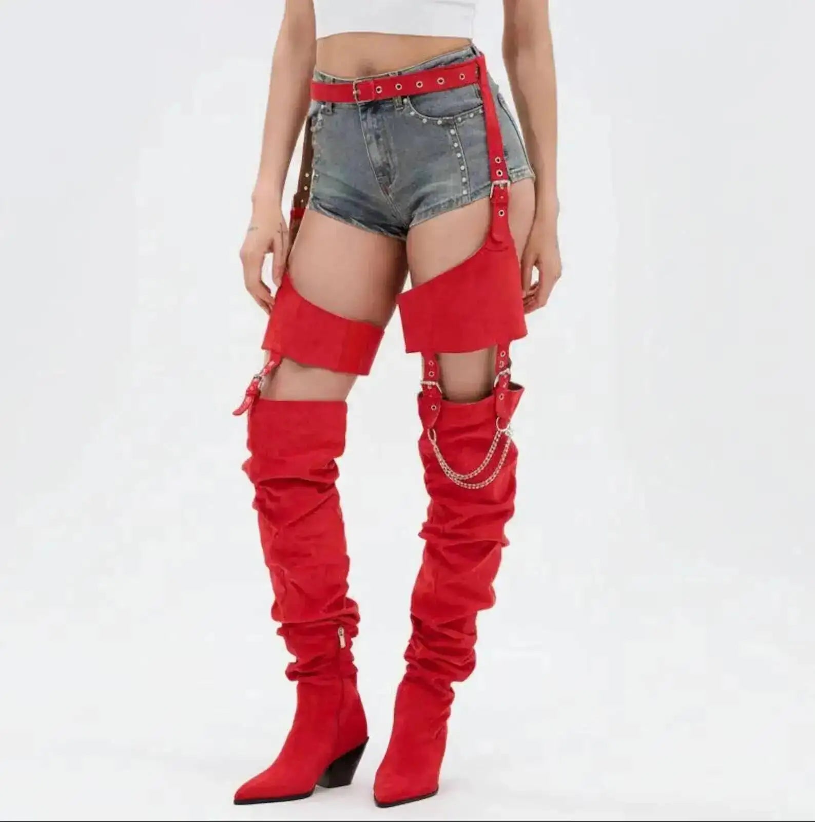 Women Red Faux Suede Removable Strap Pointed Toe Wedge Heel Nightclub Shoes