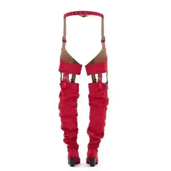 Women Red Faux Suede Removable Strap Pointed Toe Wedge Heel Nightclub Shoes