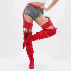 Women Red Faux Suede Removable Strap Pointed Toe Wedge Heel Nightclub Shoes