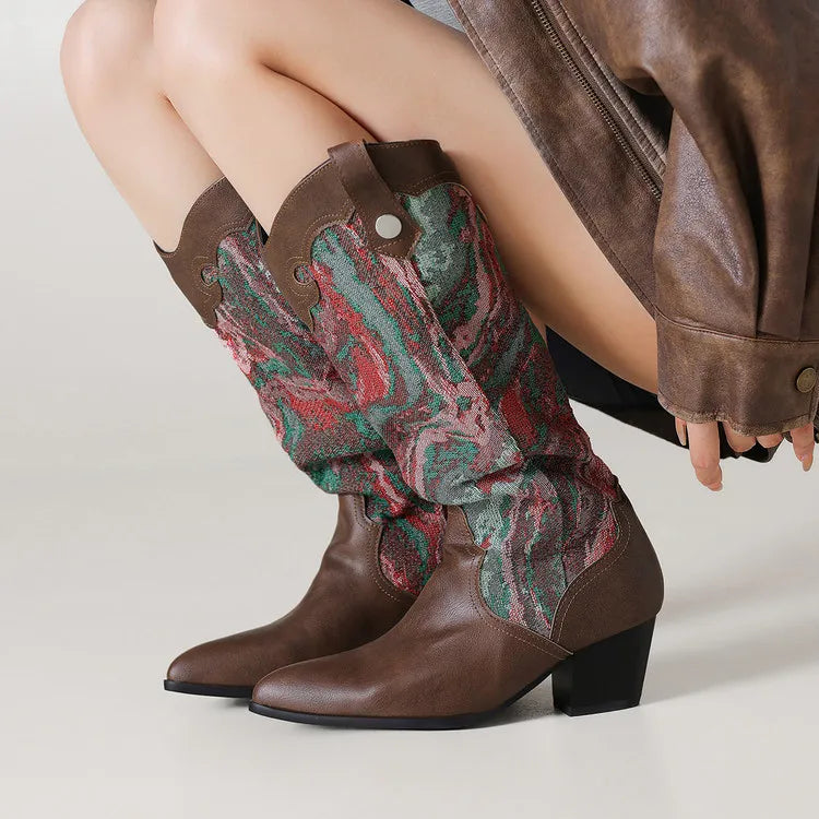 Women's Colorful Jacquard Patchwork Western Cowboy Boots