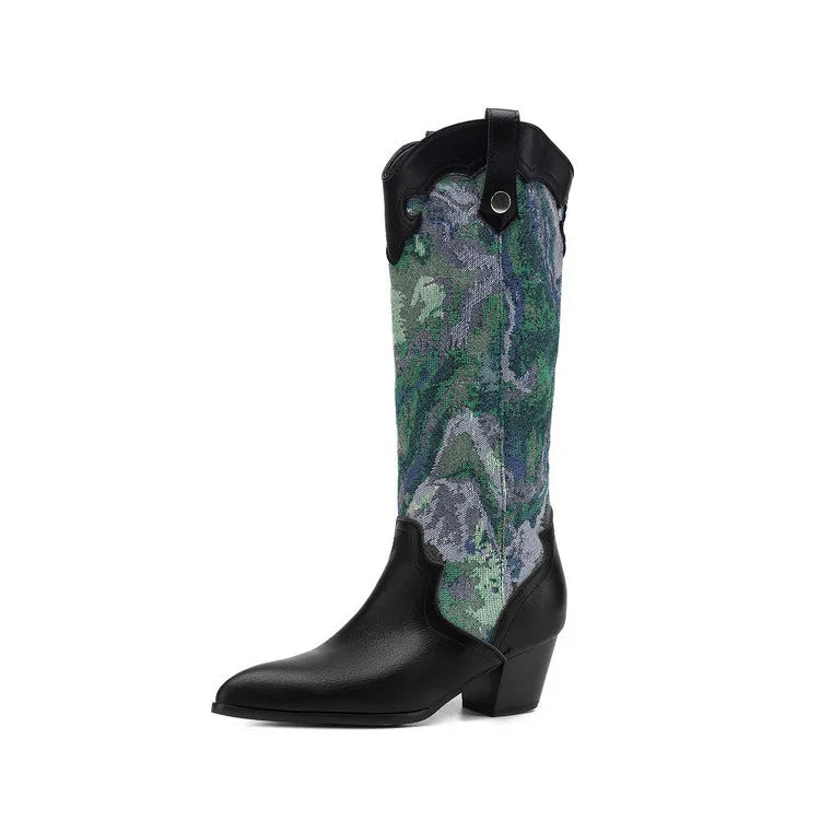 Women's Colorful Jacquard Patchwork Western Cowboy Boots
