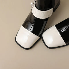 Women's Autumn Dong Diamond Pearl Flower Color Block Leather Mid Heel Extra Large Calf Zipper Chelsea Short Boots