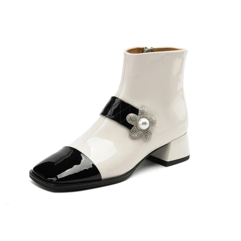 Women's Autumn Dong Diamond Pearl Flower Color Block Leather Mid Heel Extra Large Calf Zipper Chelsea Short Boots
