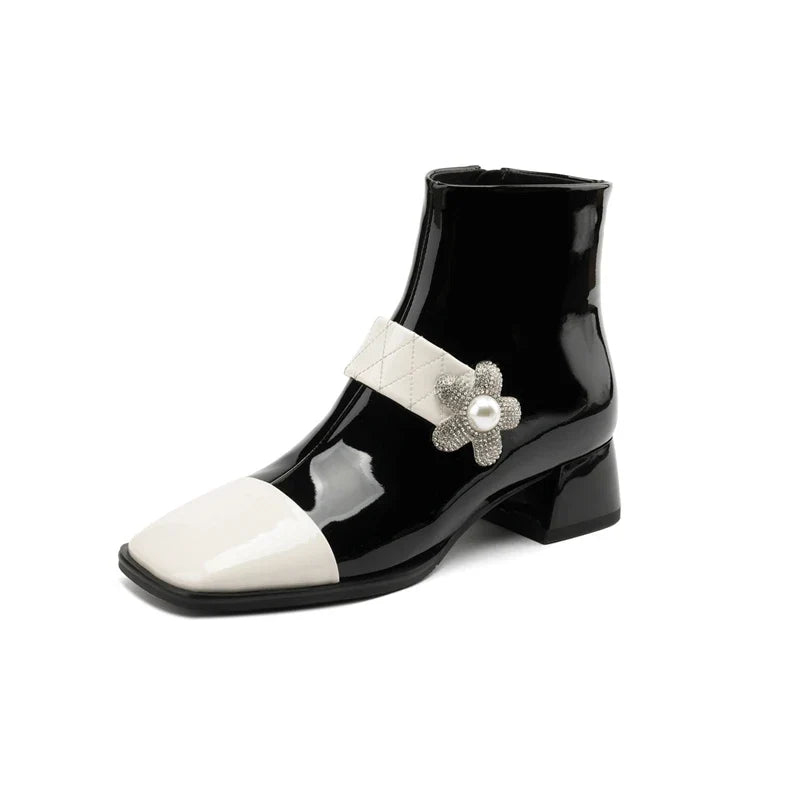 Women's Autumn Dong Diamond Pearl Flower Color Block Leather Mid Heel Extra Large Calf Zipper Chelsea Short Boots