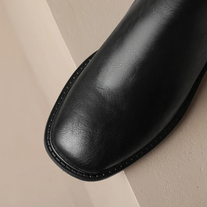 Women's Autumn/Winter Genuine Leather Cowhide Mid Heel Large Metal Belt Buckle and Knee Zipper High Barrel Knight Boots
