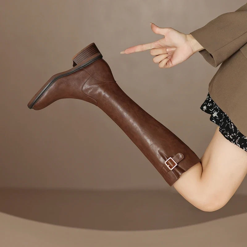 Women's Autumn/Winter Genuine Leather Cowhide Mid Heel Large Metal Belt Buckle and Knee Zipper High Barrel Knight Boots