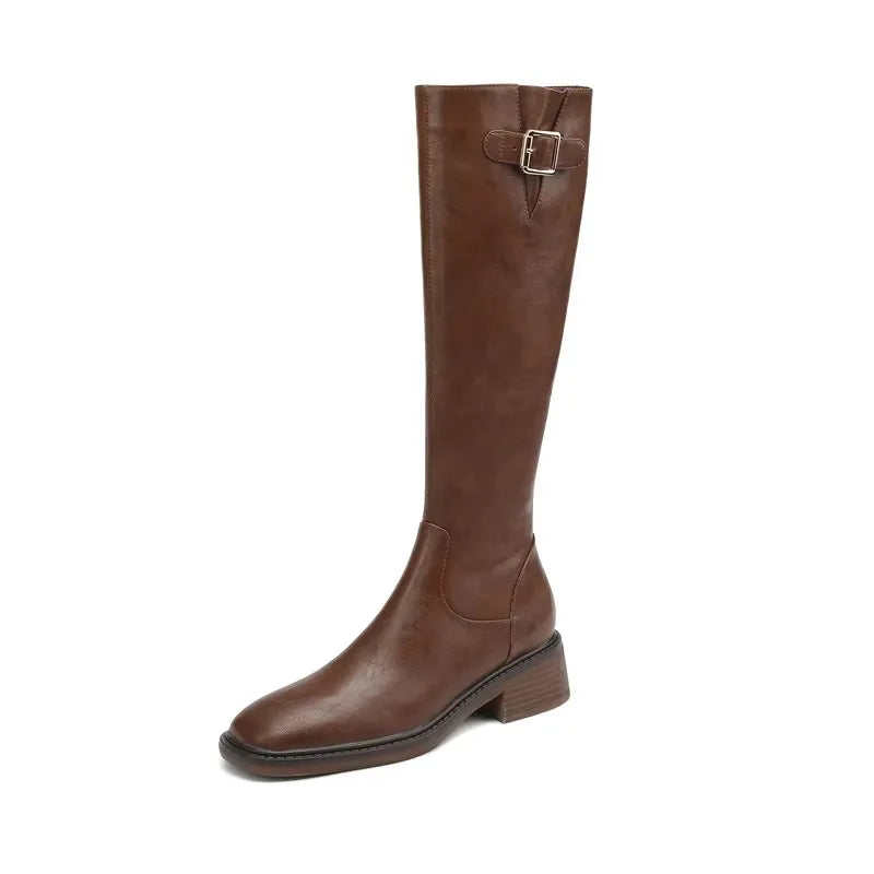 Women's Autumn/Winter Genuine Leather Cowhide Mid Heel Large Metal Belt Buckle and Knee Zipper High Barrel Knight Boots