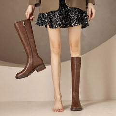 Women's Autumn/Winter Genuine Leather Cowhide Mid Heel Large Metal Belt Buckle and Knee Zipper High Barrel Knight Boots