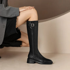Women's Autumn/Winter Genuine Leather Cowhide Mid Heel Large Metal Belt Buckle and Knee Zipper High Barrel Knight Boots