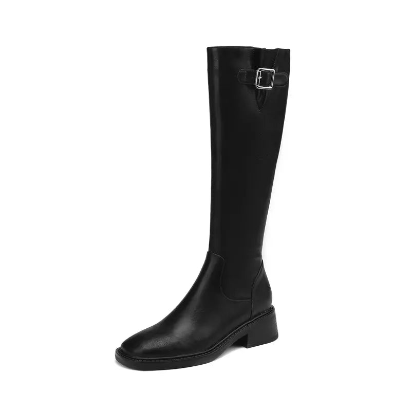 Women's Autumn/Winter Genuine Leather Cowhide Mid Heel Large Metal Belt Buckle and Knee Zipper High Barrel Knight Boots