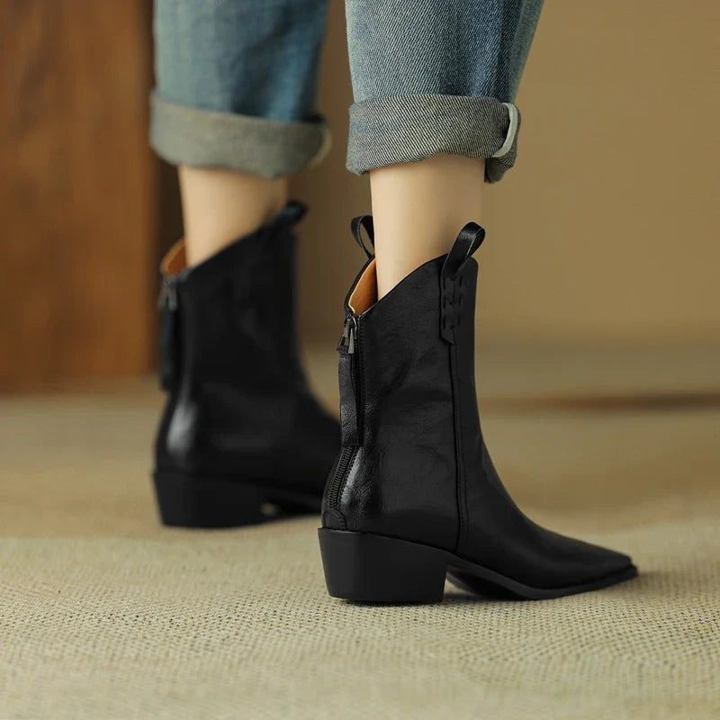 Women's Autumn/Winter Pointed Leather Cowhide Mid Heel Large Calf Retro Short Western Boots