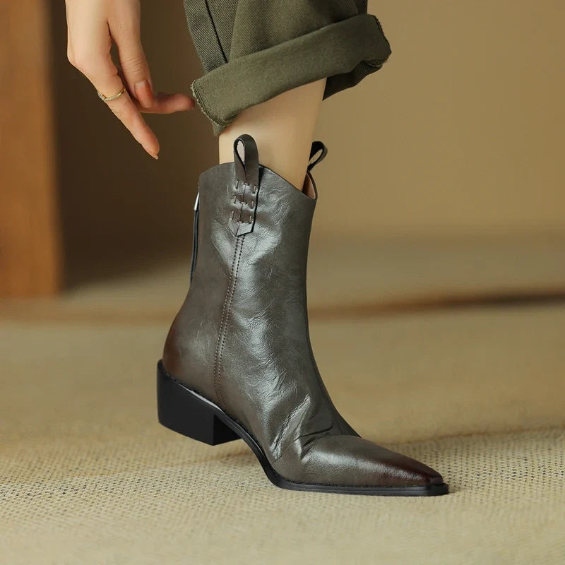 Women's Autumn/Winter Pointed Leather Cowhide Mid Heel Large Calf Retro Short Western Boots