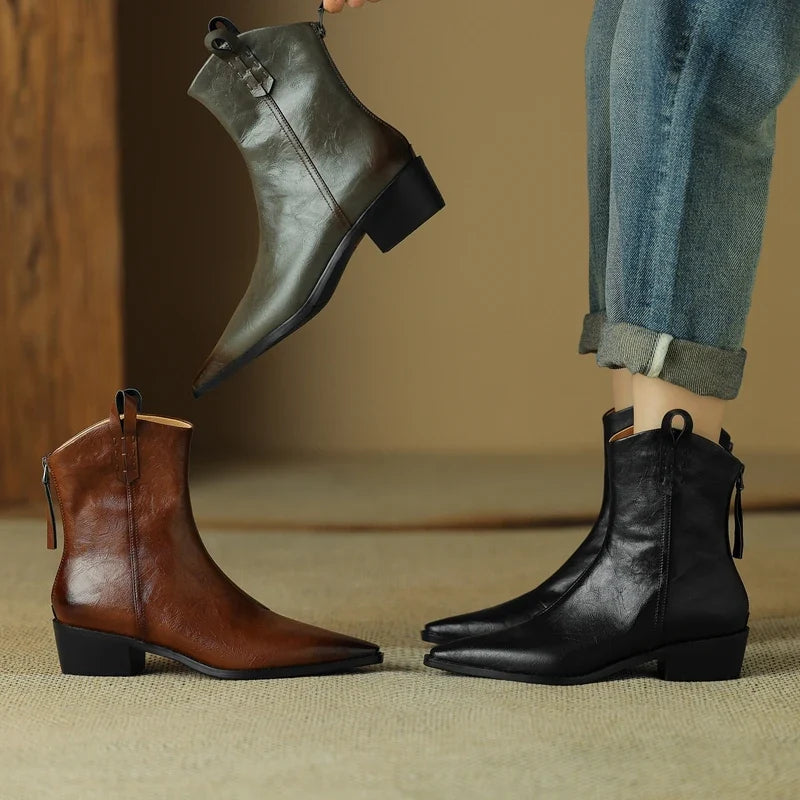 Women's Autumn/Winter Pointed Leather Cowhide Mid Heel Large Calf Retro Short Western Boots