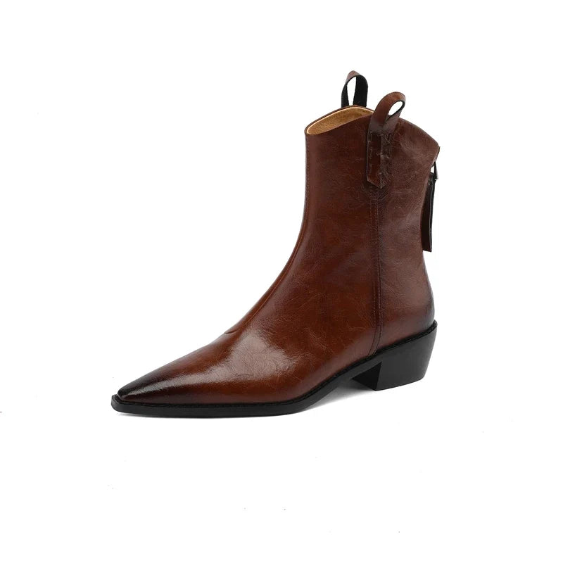 Women's Autumn/Winter Pointed Leather Cowhide Mid Heel Large Calf Retro Short Western Boots