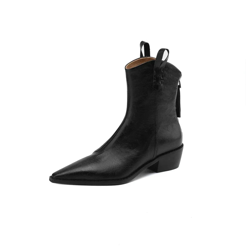 Women's Autumn/Winter Pointed Leather Cowhide Mid Heel Large Calf Retro Short Western Boots