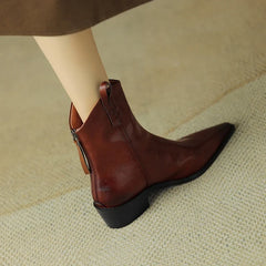 Women's Autumn/Winter Pointed Leather Cowhide Mid Heel Large Calf Retro Short Western Boots