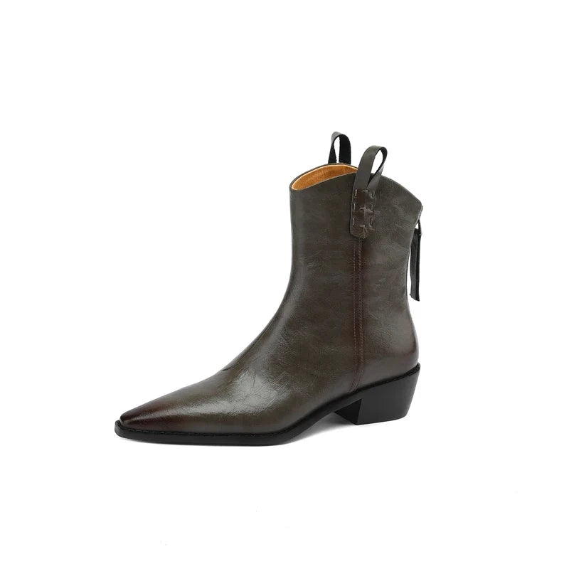 Women's Autumn/Winter Pointed Leather Cowhide Mid Heel Large Calf Retro Short Western Boots